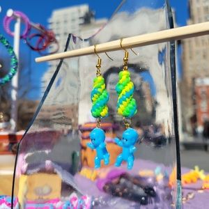 Yellow Green Spirals w Mini Baby Charms - Handmade Lanyard / Scoobidou Earrings
